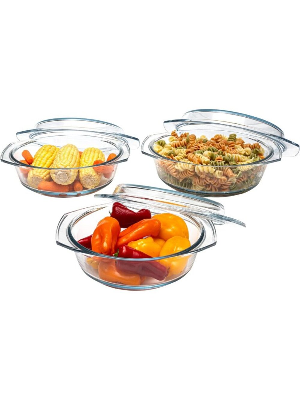 Set of 3 Round Glass Casserole Dishes with Lids - Borosilicate Cookware, 1-2 Qt